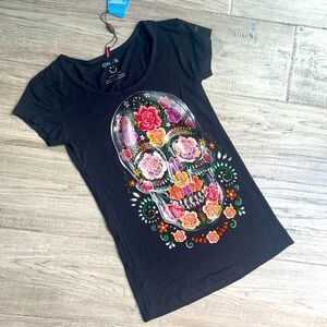NWT Halloween Sugar Skull T-Shirt Black/Colorful With Sparkle Crystals SZ S